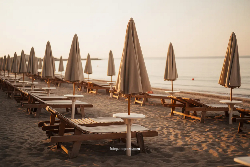Empty Mediterranean beach during shoulder season in late September.