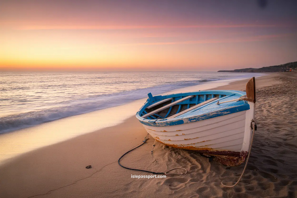 A quiet Mediterranean beach at sunrise with a single fishing boat and no crowds.
