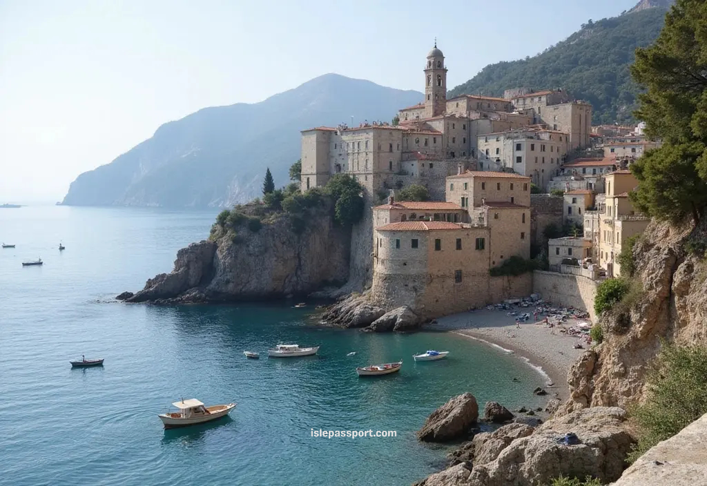 view of Agropoli’s old town on a cliff above a small beach with boats resting in the water