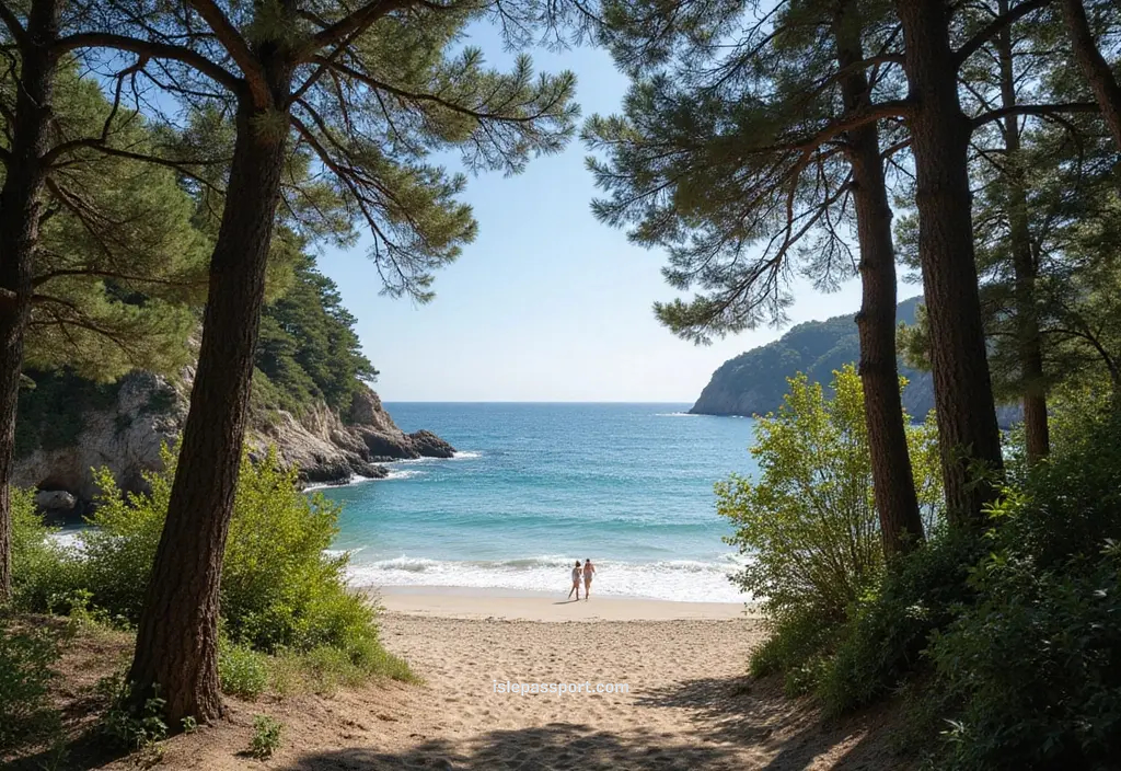 view of Baia dei Turchi’s beach framed by pine forest.