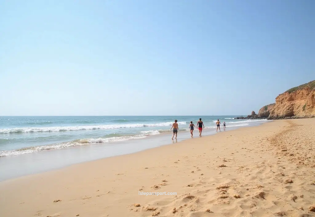 Family-friendly beach in southern Spain with soft sand, gentle waves, kids playing
