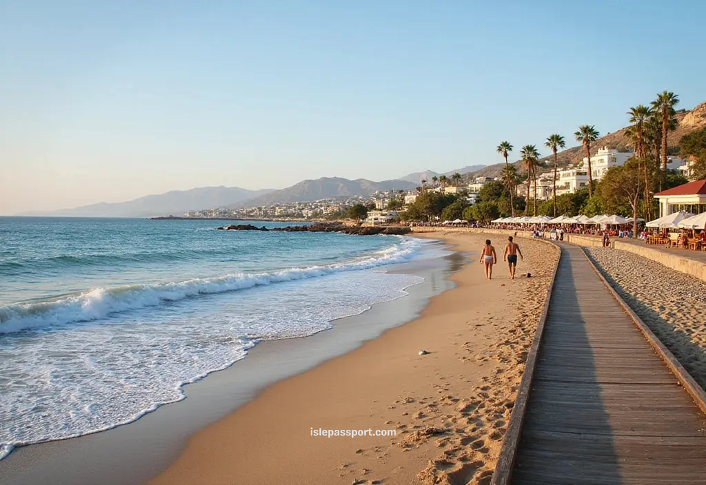 La Cala de Mijas beachfront with wooden boardwalk, sandy beach, calm waves, and beach cafés