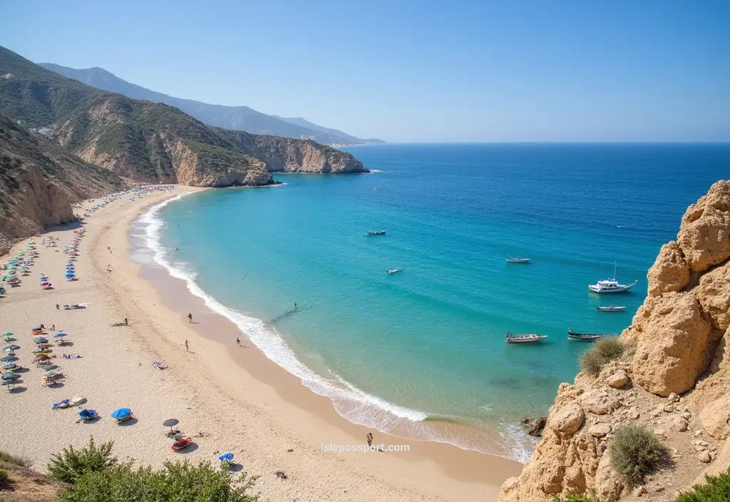 Burriana Beach in Nerja with turquoise water, sandy shore, boats, and distant cliffs. One the best beach towns in southern Spain