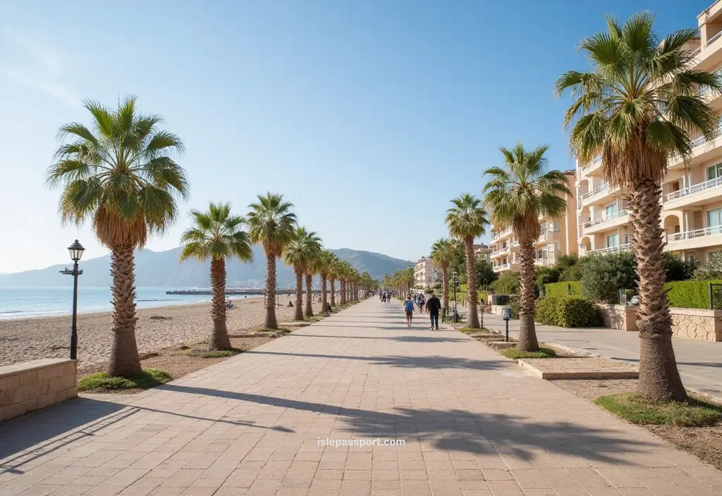 Torrox Costa promenade with palm trees, sandy beach, calm sea, and pastel buildings.