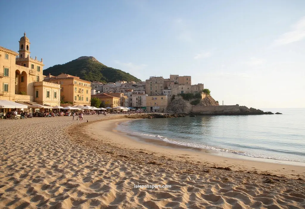 view of Cefalù’s sandy beach and old town with La Rocca behind