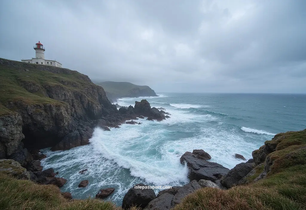 Rugged Galicia coastline with cliffs and lighthouse above the Atlantic waves.