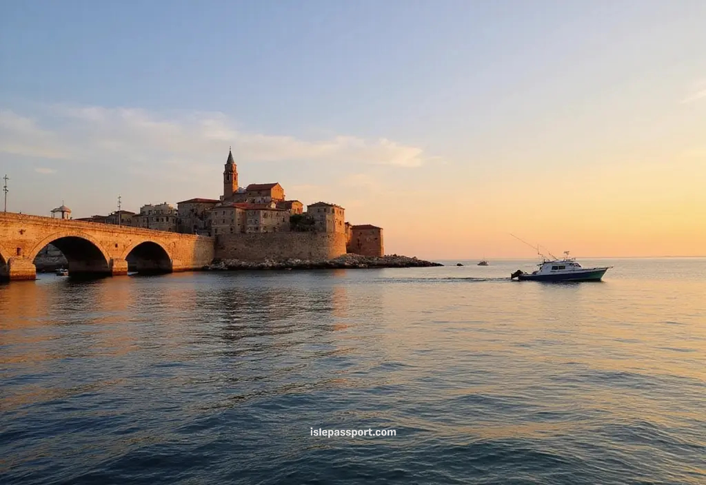 Sunset traveler-phone view of Gallipoli’s old town on an island above the calm Ionian Sea