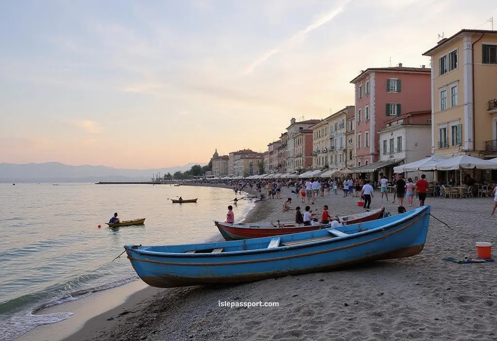 Minori’s promenade at sunset — soft light on pastel buildings, kids playing near the shoreline, fishing boats pulled onto the sand