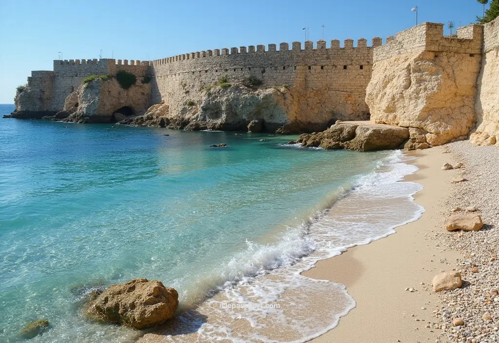 view of Monopoli’s shallow turquoise town beach and old stone walls