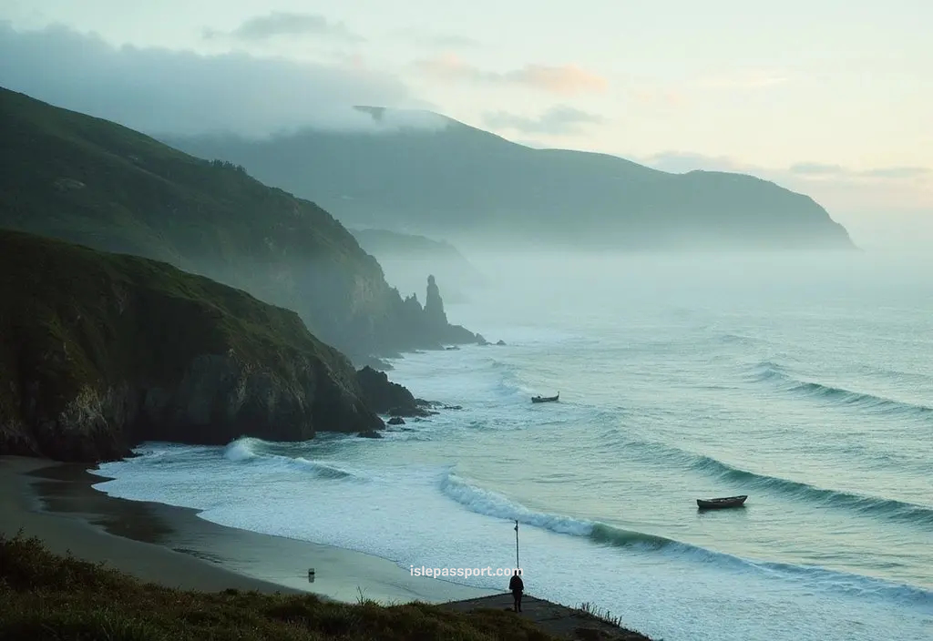 Misty green cliffs and a quiet fishing harbor on the northern spain coast at dawn.