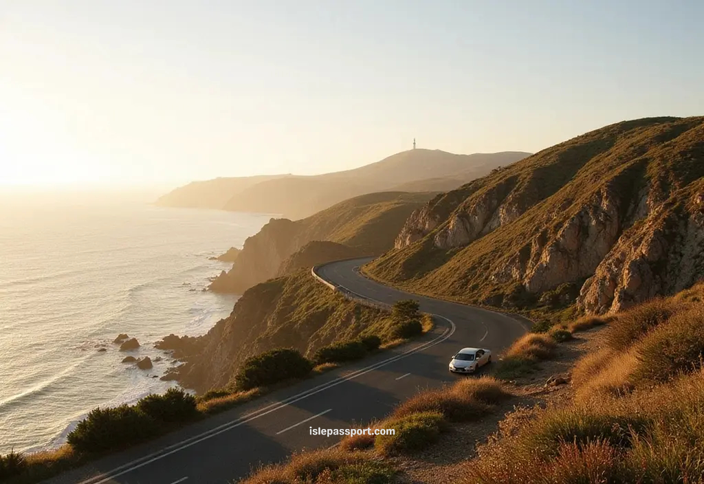 Winding coastal road and cliffs on the northern spain coast with a lighthouse in the distance.