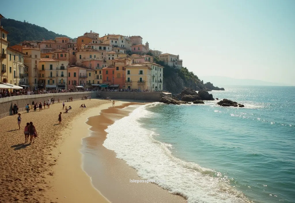 view of Pizzo’s hilltop old town overlooking a calm sandy beach