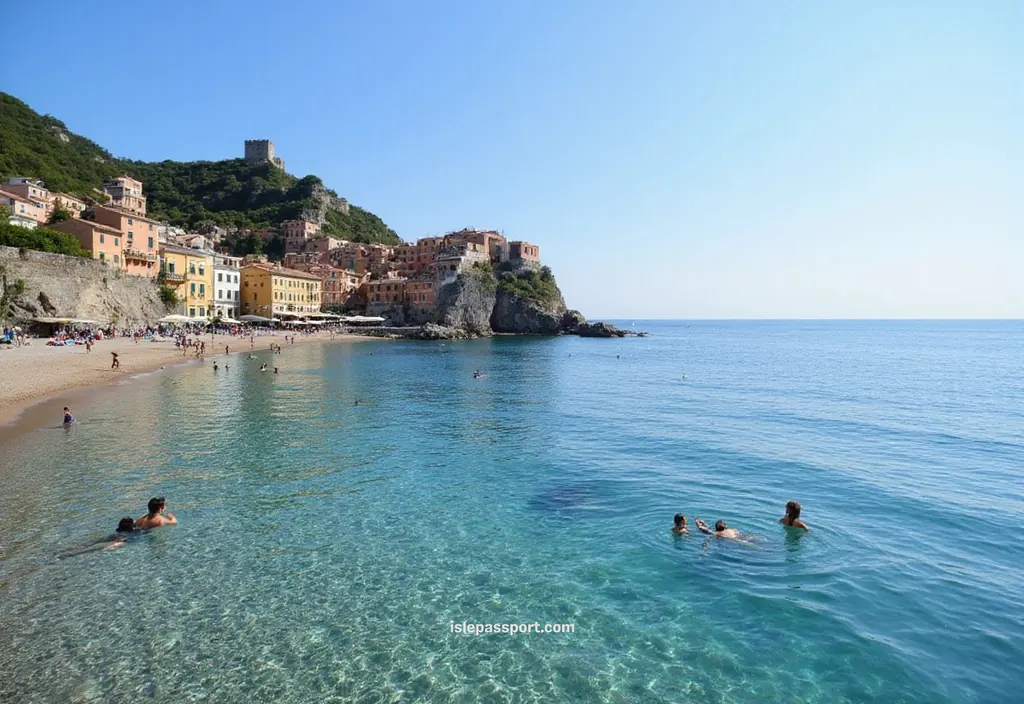 Scilla’s long beach, Chianalea’s waterfront houses, and the castle above.
