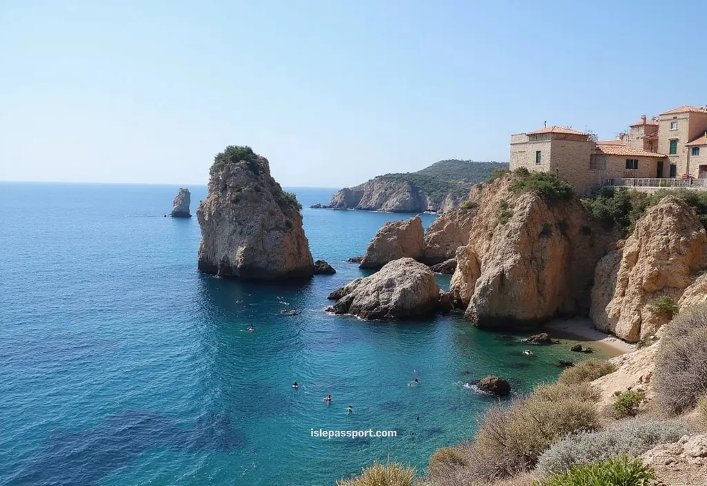 The dramatic coastline of Scopello in Sicily featuring massive limestone sea stacks rising from deep blue Mediterranean water near a historic villa estate.
