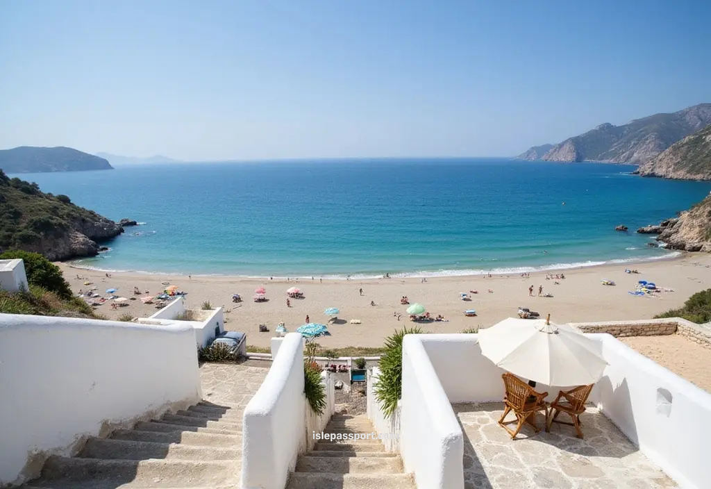 iew from Sperlonga’s old town overlooking the pale sandy beach and blue sea