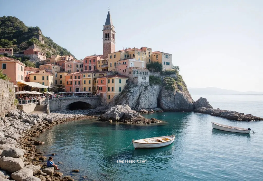 view of Tellaro’s pastel houses and small harbor on the Ligurian Coast of Italy.