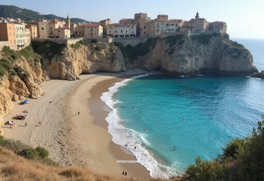 Tropea’s old town on a cliff above a long sandy beach with bright blue water