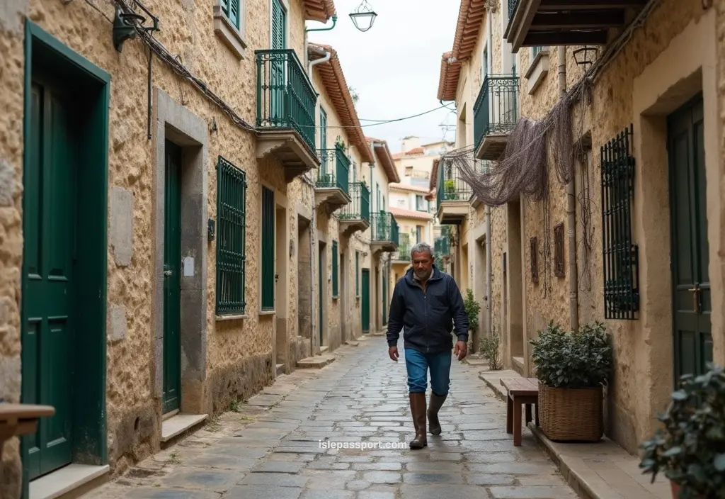 A stone coastal village street with fishing nets on the northern spain coast.