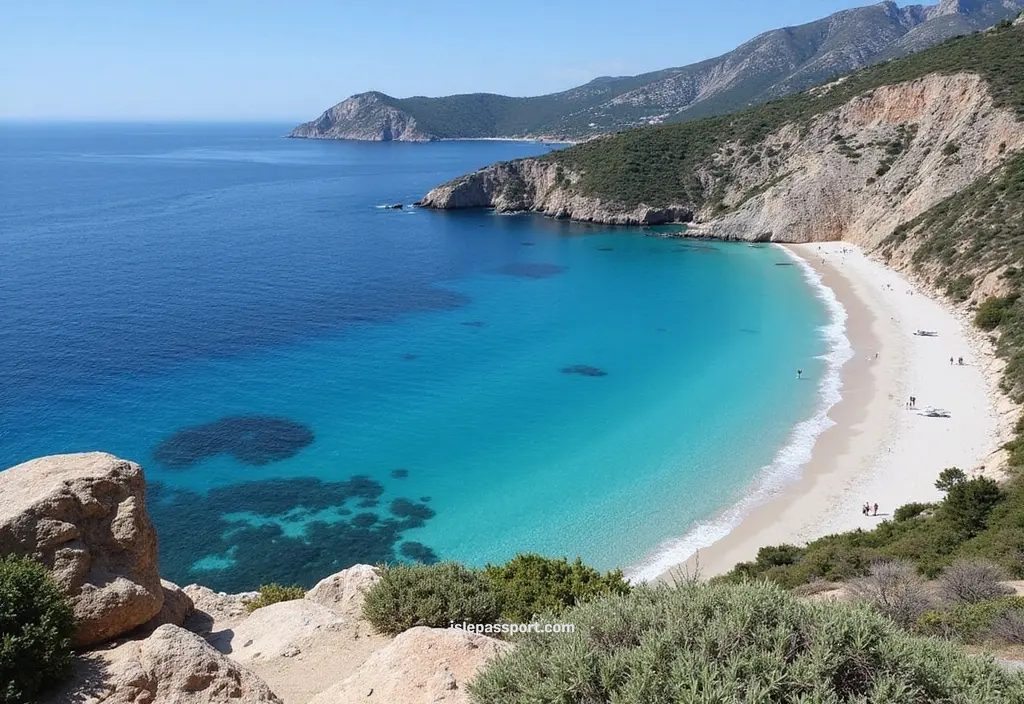 view of Villasimius with multiple bays and turquoise Sardinian water.