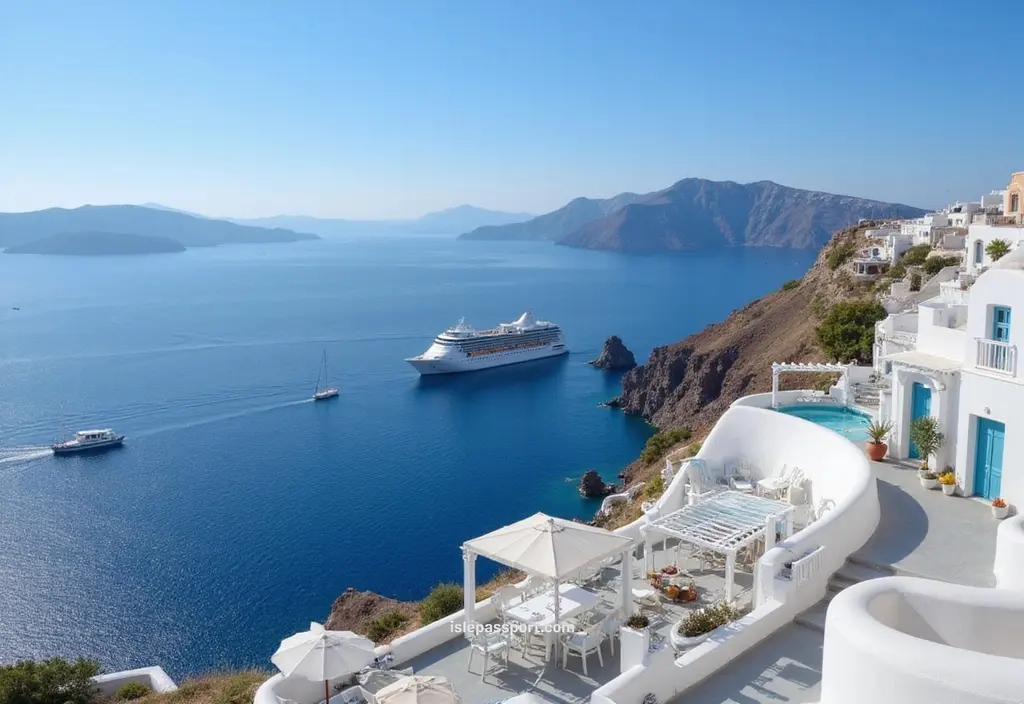 Aerial view of Cycladic white houses and ferries crossing the Aegean Sea near Santorini on a Greek island hopping route.