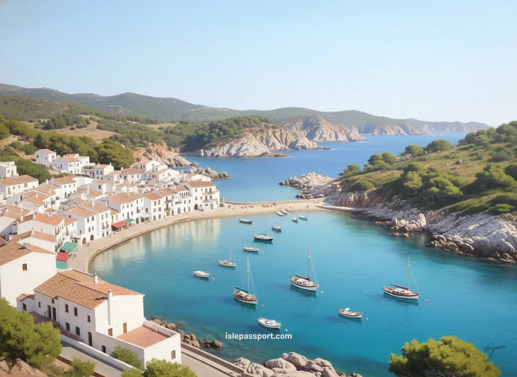 Whitewashed houses and fishing boats in the bay of Cadaqués on the Costa Brava