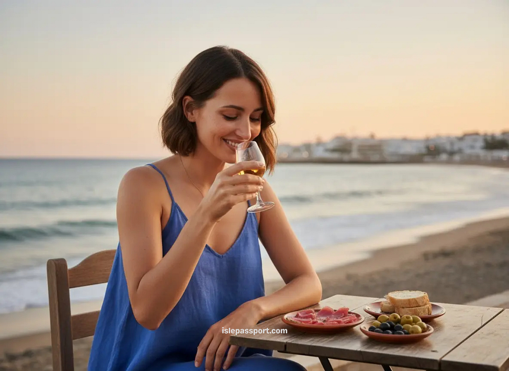 Traveler enjoying tapas and sherry by the sea in Conil de la Frontera, Cádiz, Spain, at sunset.