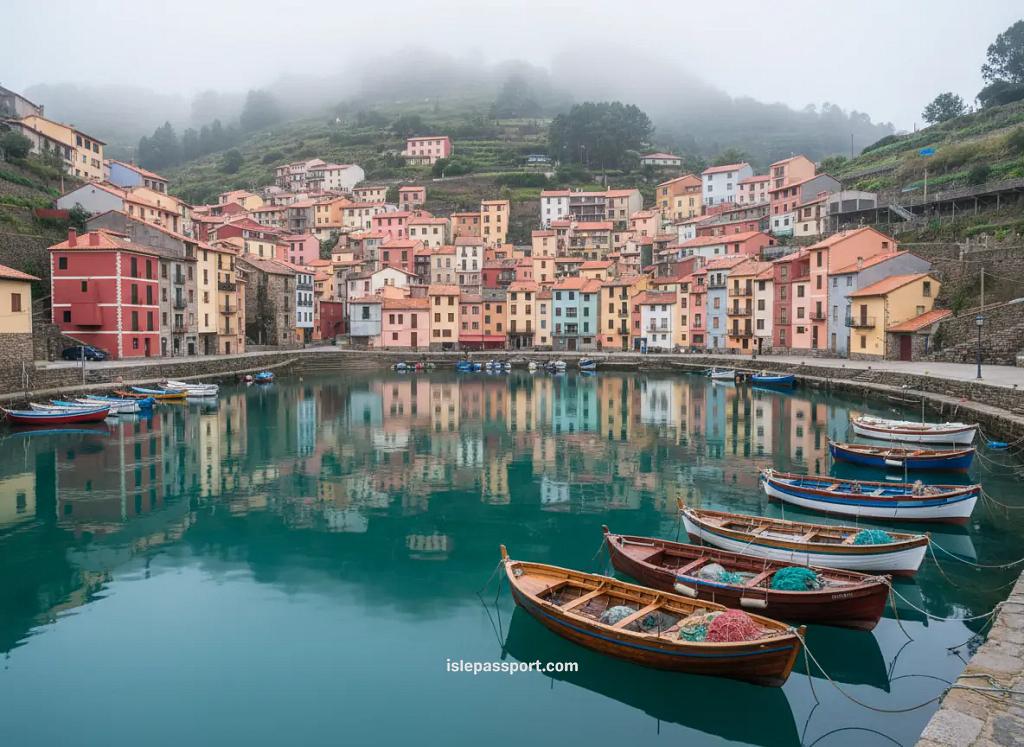 Colorful houses of Cudillero overlooking the fishing harbor on Spain’s northern coast
