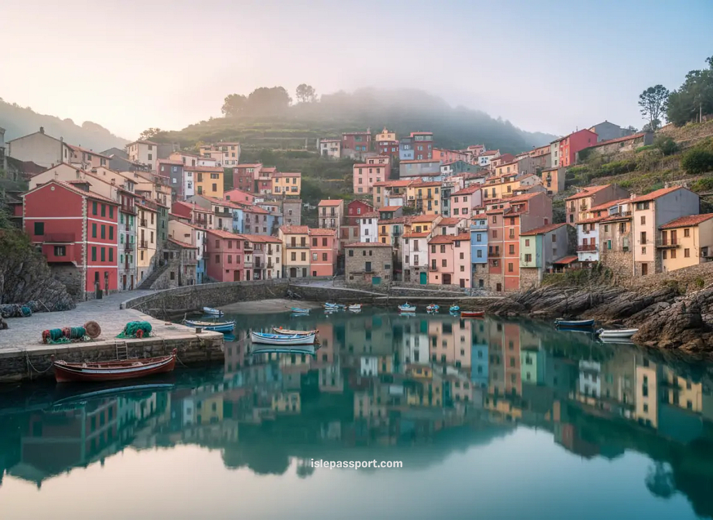 Colorful houses of Cudillero overlooking the fishing harbor on Spain’s northern coast
