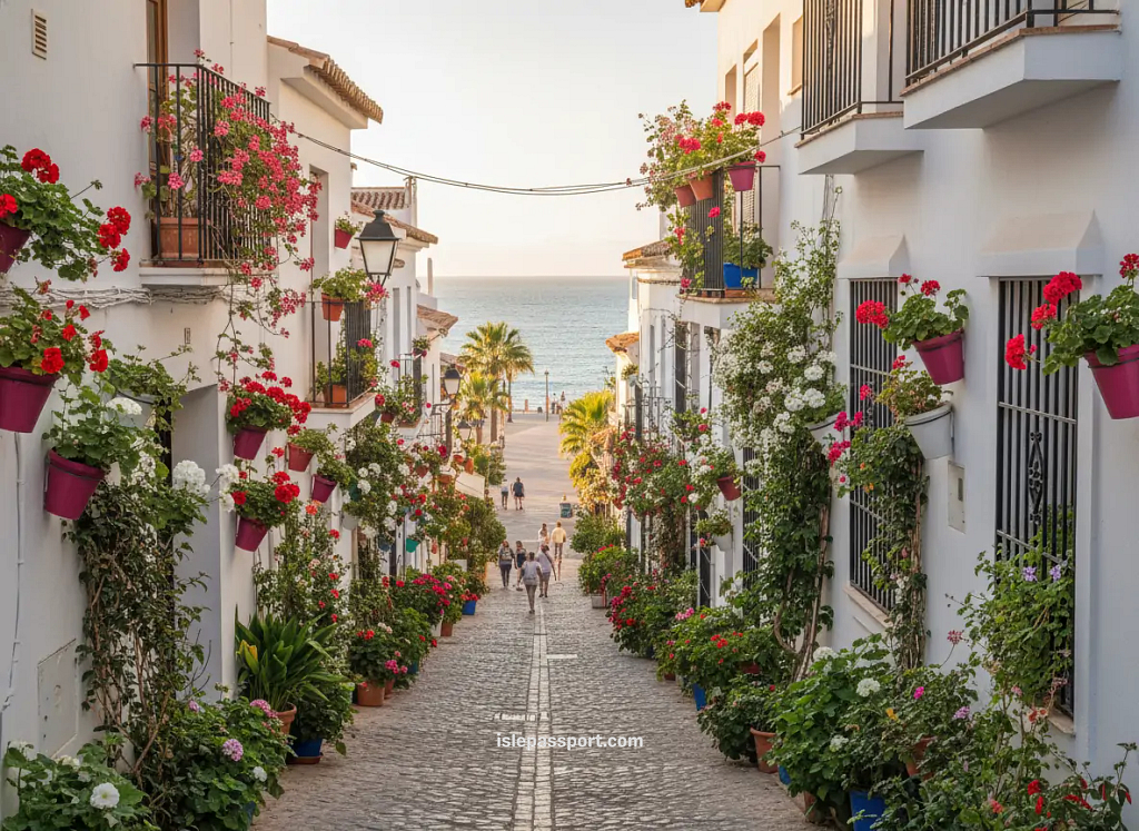 Flower-lined street and coastal promenade in Estepona, Spain