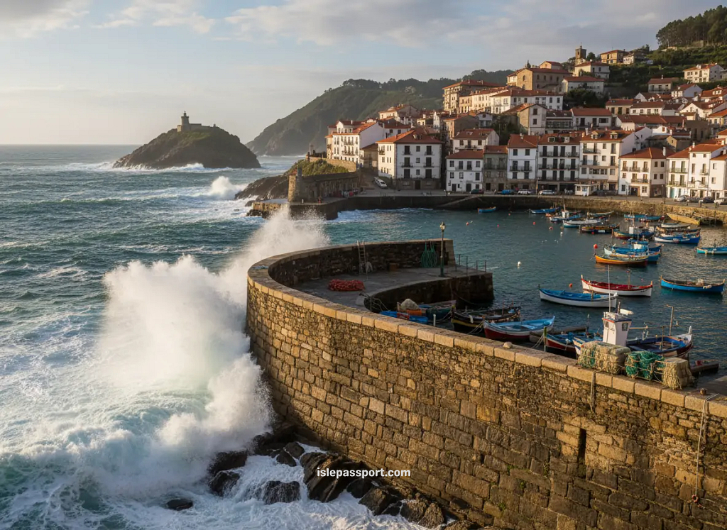 Fishing harbor and stone walls of Getaria in the Basque Country, Spain