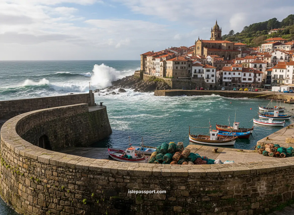 Fishing harbor and stone walls of Getaria in the Basque Country, Spain