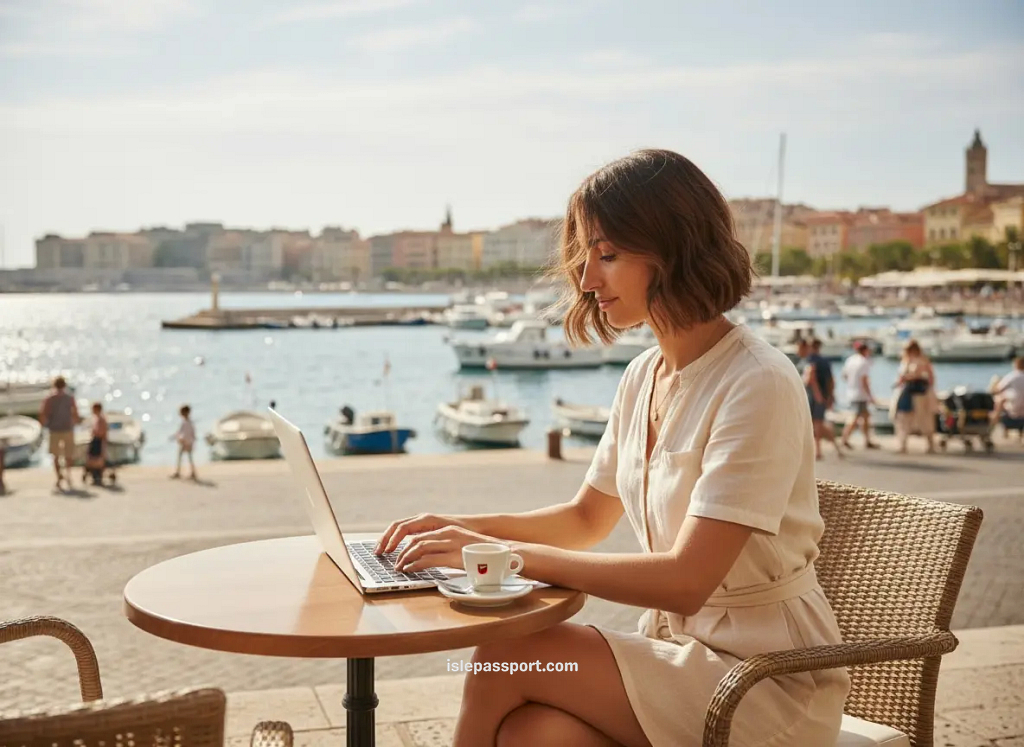 Digital nomad working at a seaside café in Trieste Italy with espresso and laptop. She writes guide about best Italian coastal towns for digital nomads