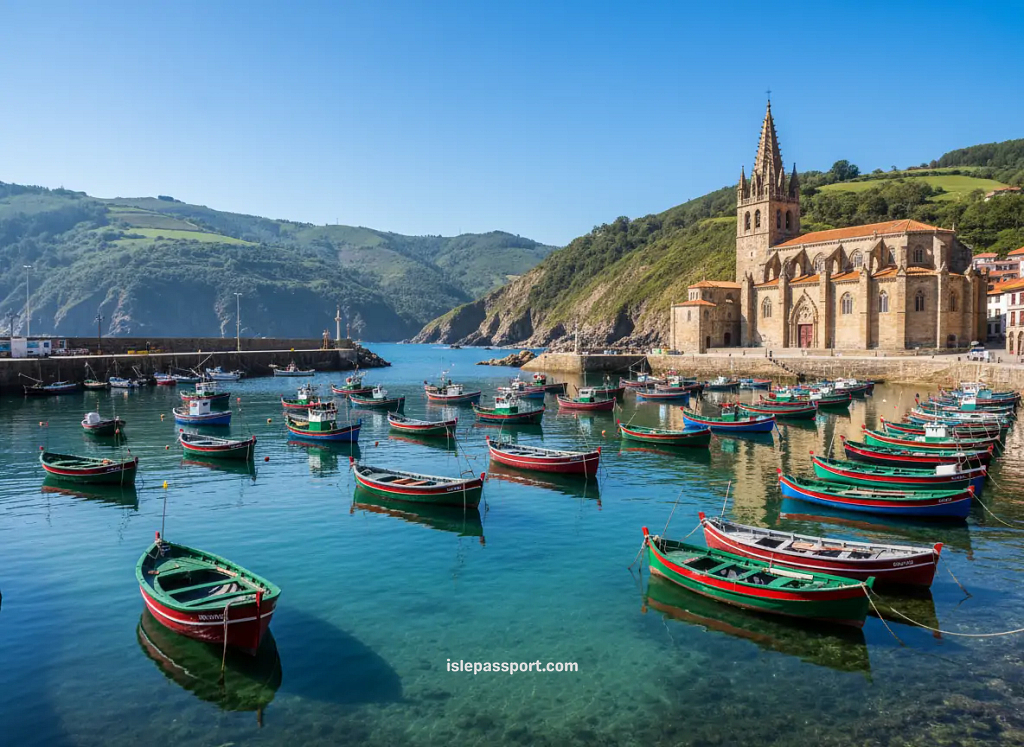 Traditional Basque fishing boats in Lekeitio’s harbor with the basilica behind them