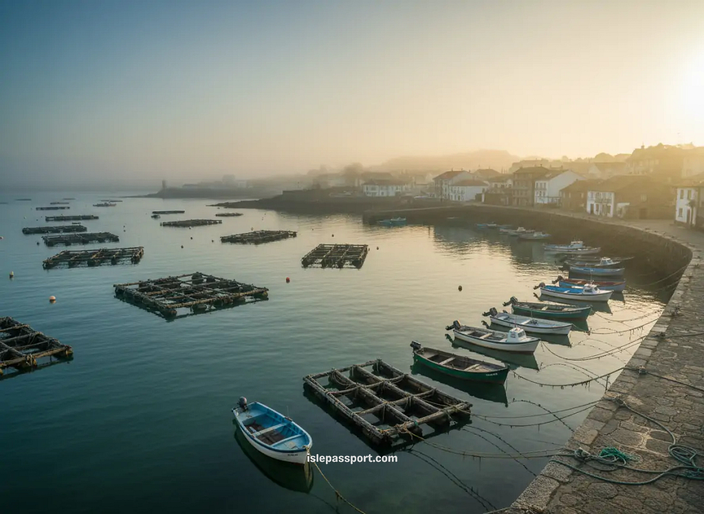 Fishing harbor of Portonovo at sunrise with mussel rafts in the Rías Baixas