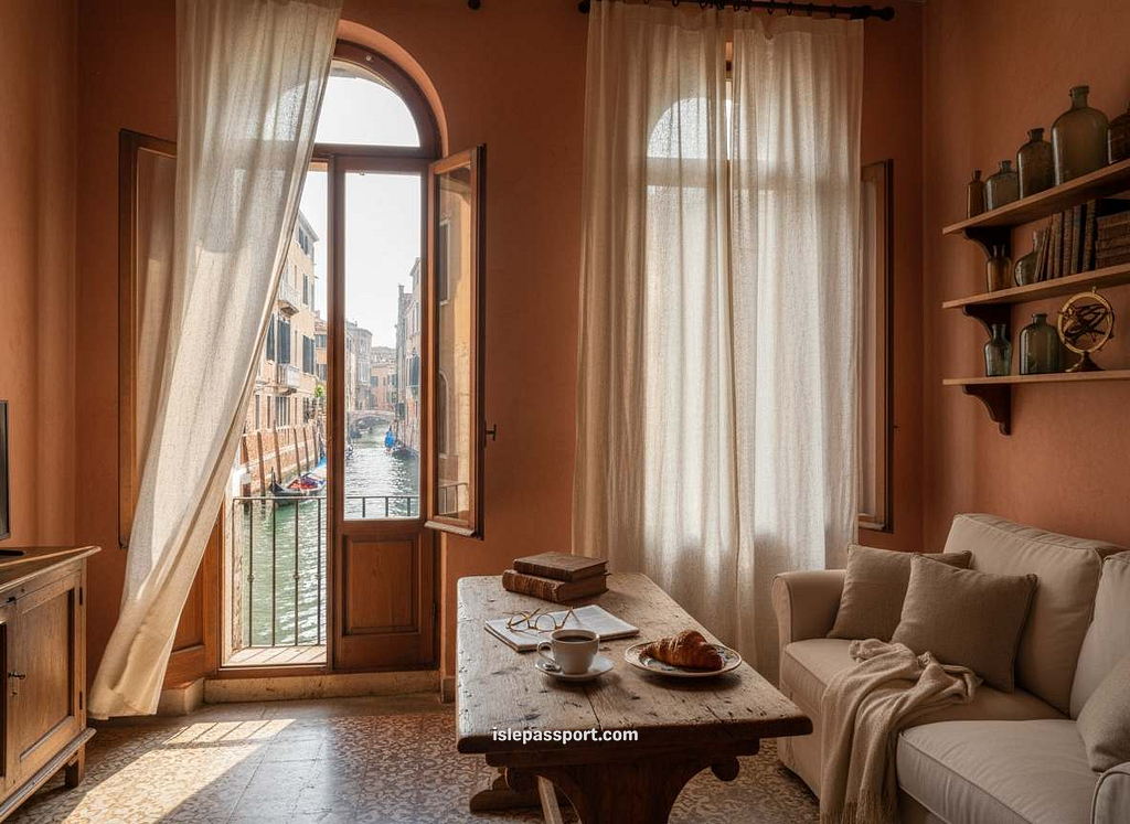 Airbnb-style apartment in Venice with a balcony overlooking a quiet canal.
