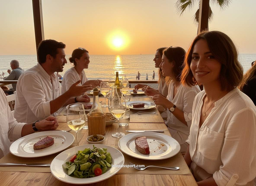 A woman dining at a beach restaurant in Zahara de los Atunes, enjoying seared bluefin tuna at sunset by the sea.