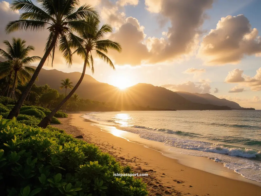 Colorful sunset over the tropical shoreline with Hawaii’s dramatic green cliffs.
