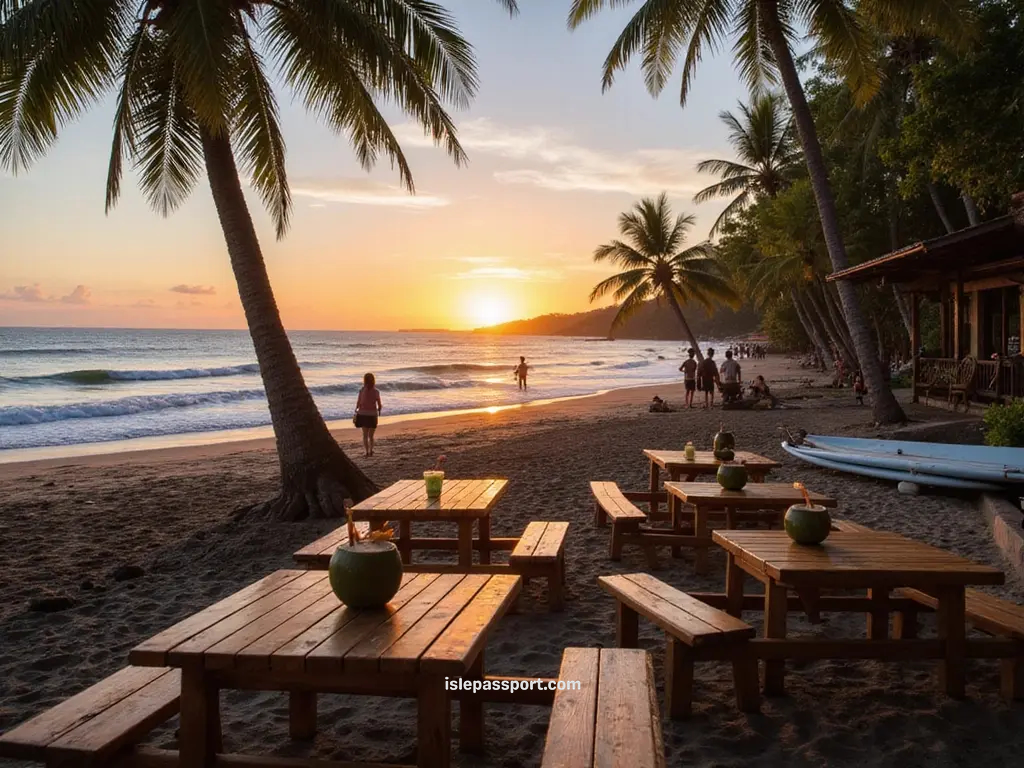 Bali beach café at sunset with surfboards