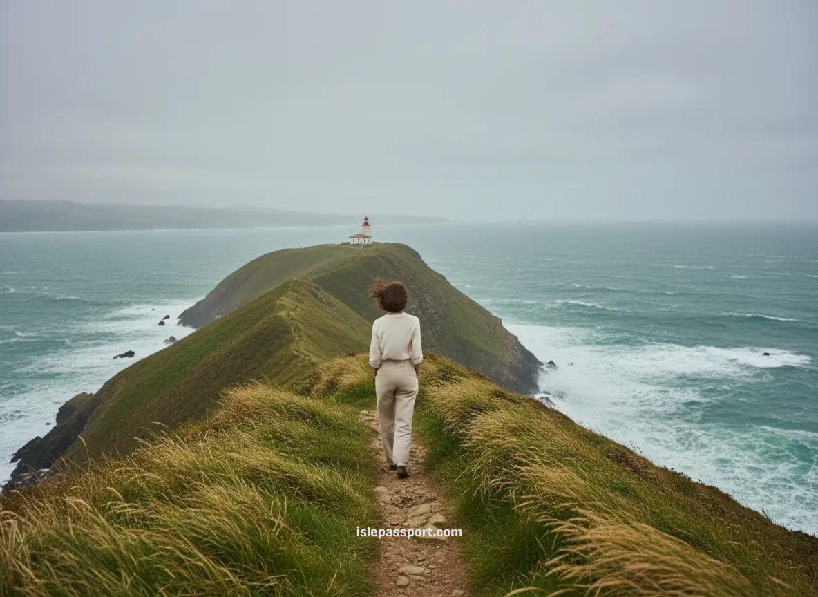 Traveler walking along a dramatic cliff path toward a lighthouse on the northern Spain coastline, overlooking the Cantabrian Sea