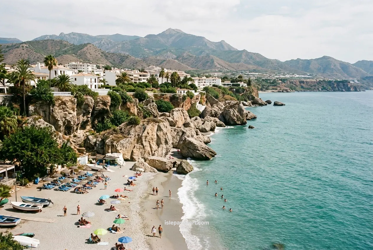 Best coastal towns near Málaga, featuring Nerja’s cliffside beach and whitewashed town views