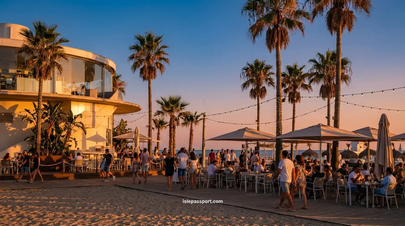 A vibrant golden hour view of a beachfront restaurant in Valencia with palm trees and the Mediterranean Sea, showcasing the high quality of life in the best places to live in Spain by the sea.