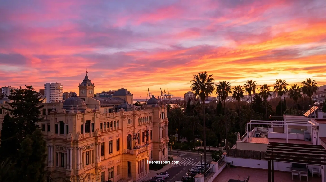 High-angle panoramic view of the Málaga city skyline at sunset with a pastel pink sky, featuring the historic architecture of the Centro Histórico and palm trees—the best area for where to stay near Málaga.