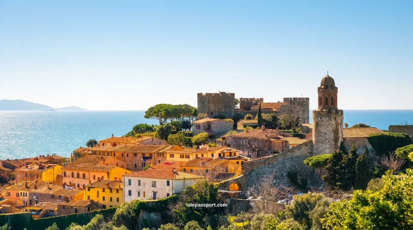 A wide panoramic shot from my trip showing the historic hilltop castle, stone walls, and yellow houses of Castiglione della Pescaia, one of the best Tuscany beach towns, overlooking the deep blue sea.