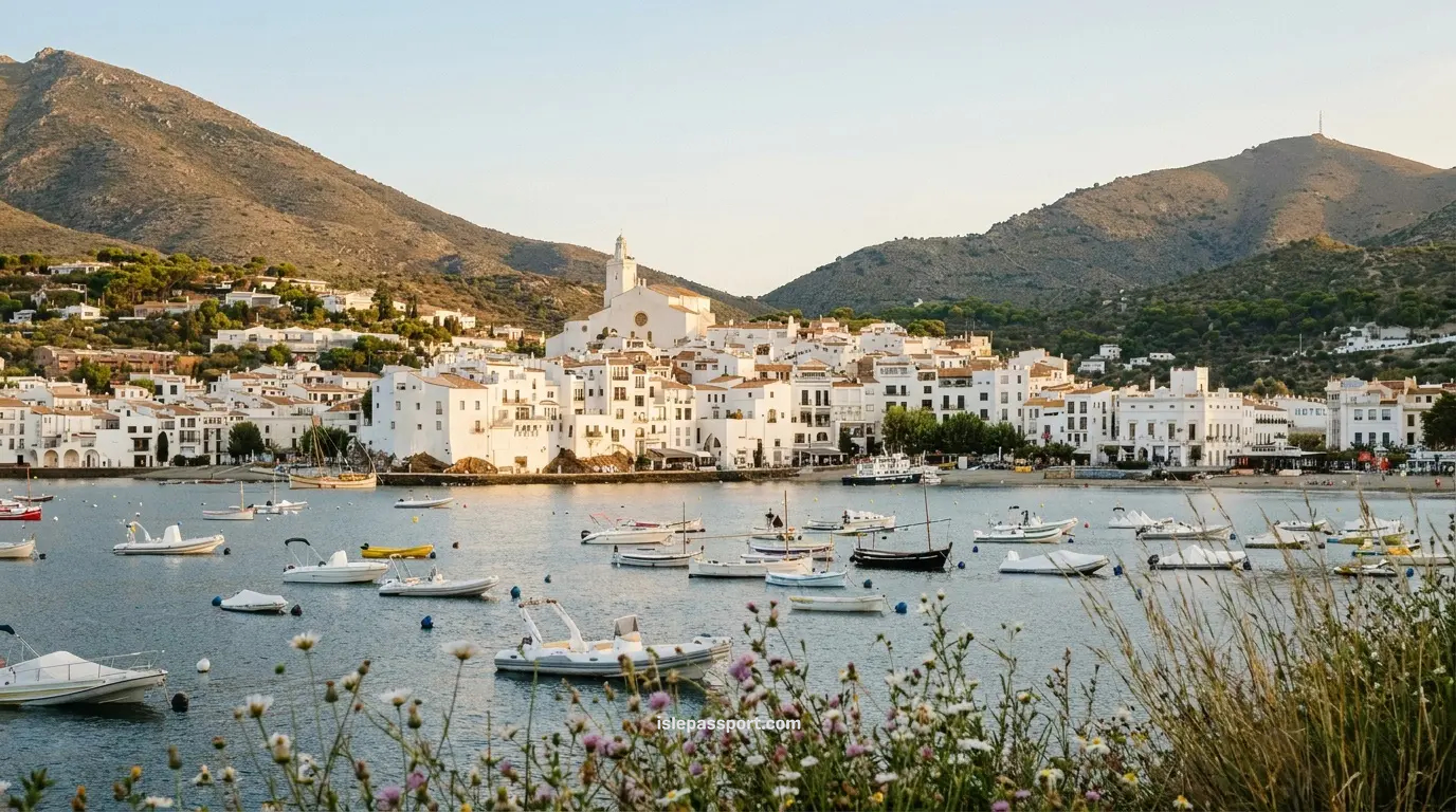 Panoramic landscape view of the white houses and fishing boats in the Cadaqués, one of the best coastal towns in Costa Brava, framed by coastal wildflowers and green mountains.