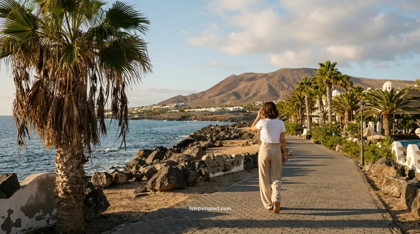 Maya walking along the Playa Blanca promenade, my top pick for where to stay in Lanzarote in winter, with palm trees and volcanic hills behind
