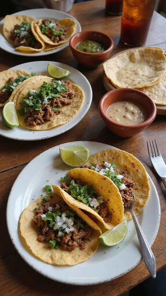 Authentic Mexican street-style tacos with handmade tortillas, fresh toppings, and clay bowls of salsa on a rustic wooden table