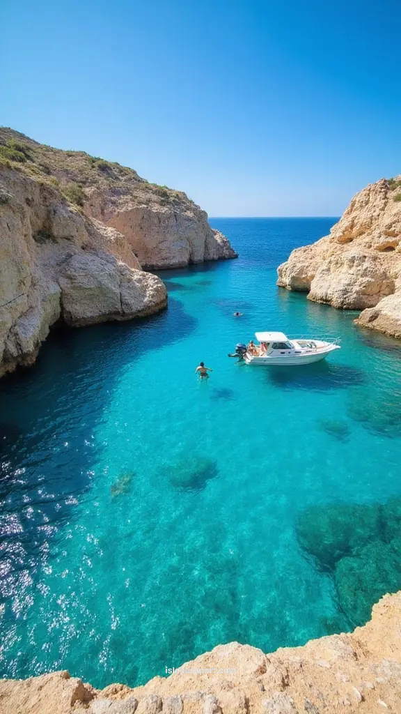 Boat anchored in Cala Pulcino, Lampedusa with crystal turquoise water and limestone cliffs.