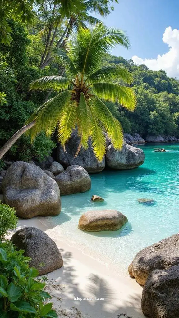 Hidden cove on Praslin Seychelles with turquoise water, leaning palm tree, and smooth granite boulders.