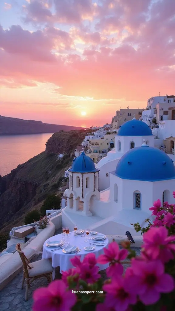Sunset view of Oia in Santorini with blue-domed churches above the caldera during a Greek island hopping itinerary.