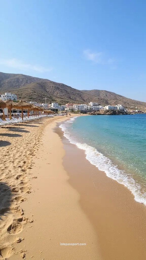 Straw parasols along Psarou Beach on Mykonos during a Cyclades island hopping itinerary.